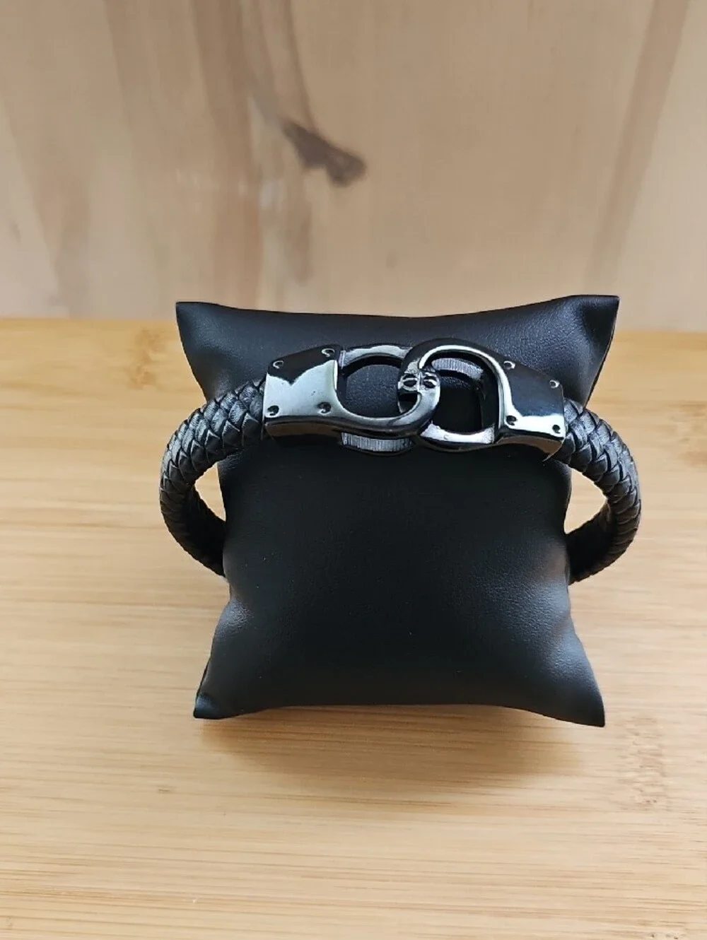 Men's Black Braided Genuine Leather Stainless Steel Bracelet with Magnetic Clasp